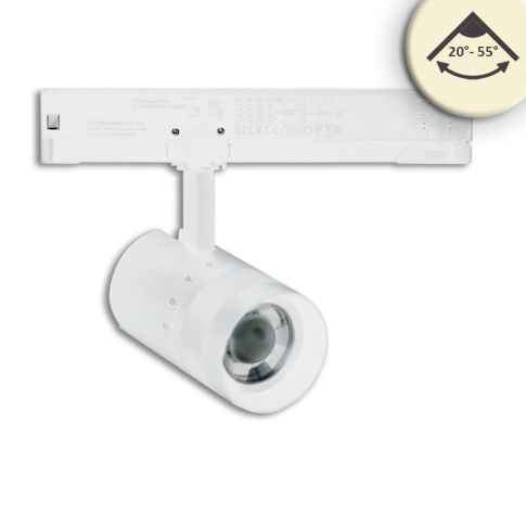3-Phasen Schienen-Strahler fokussierbar, 12W, 20°-55°, weiß matt, 3000K, DALI dimmbar
