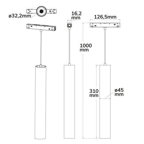 Track48 Hängeleuchte Pipe schwarz, 15W, 36°, UGR<19, 48V DC, 3000K, CRI90, DALI dimmbar