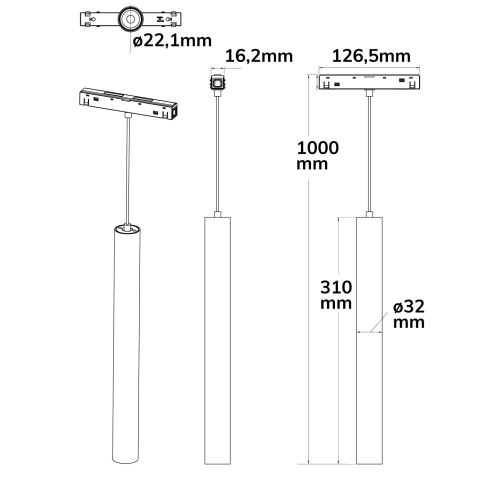Track48 Hängeleuchte Pipe, schwarz, 7W, 36°, UGR<19, 48V DC, 3000K, CRI90, DALI dimmbar